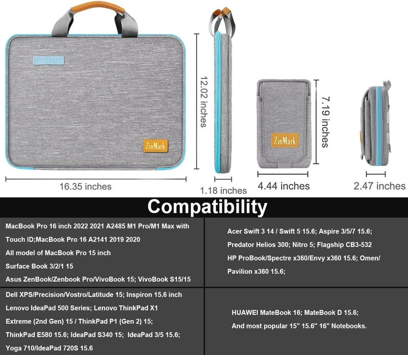 ZINMARK Store Laptop Case 15.6 Inch Briefcase Military-Grade Protection with Detachable Belt Bag, Compatible All Model of 15-16 Inch MacBook Pro and Most Popular 15.6 Inch Notebooks Chromebooks (Gray&Blue) - Image 2